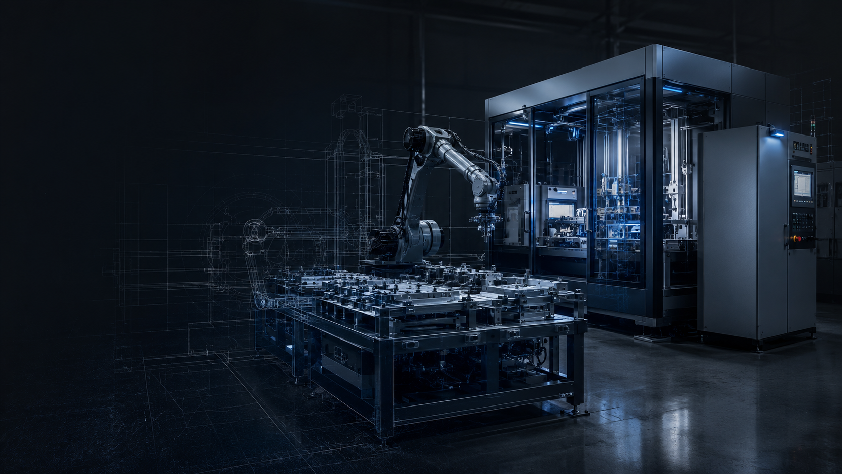 Concept visualization of an industrial CAD and engineering workspace