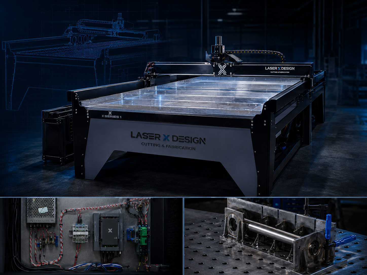 X Series 1 CNC plasma table with CAD model, control panel, and production fixture