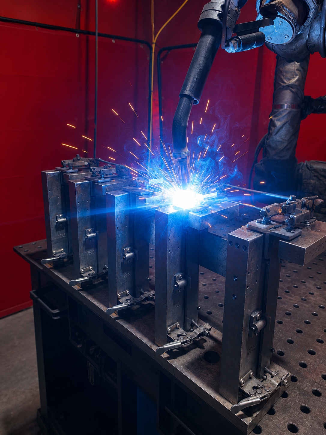 Robotic welding cell operating on a multi-station production fixture